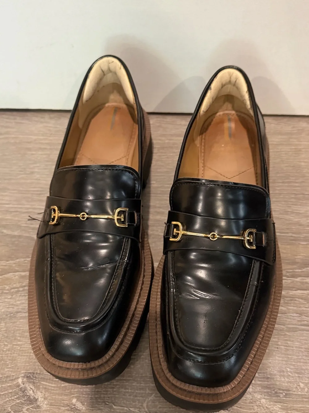 Sam Edelman Black Leather Horsebit Loafers with Brown Soles